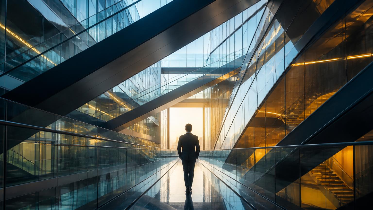 Leader walking through complex modern architecture toward light