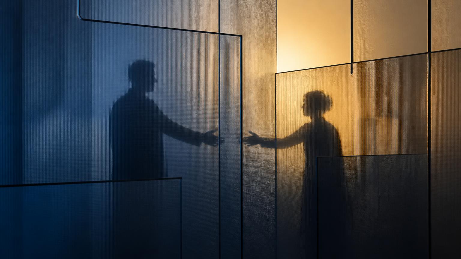 Human silhouettes communicating through translucent architectural panels