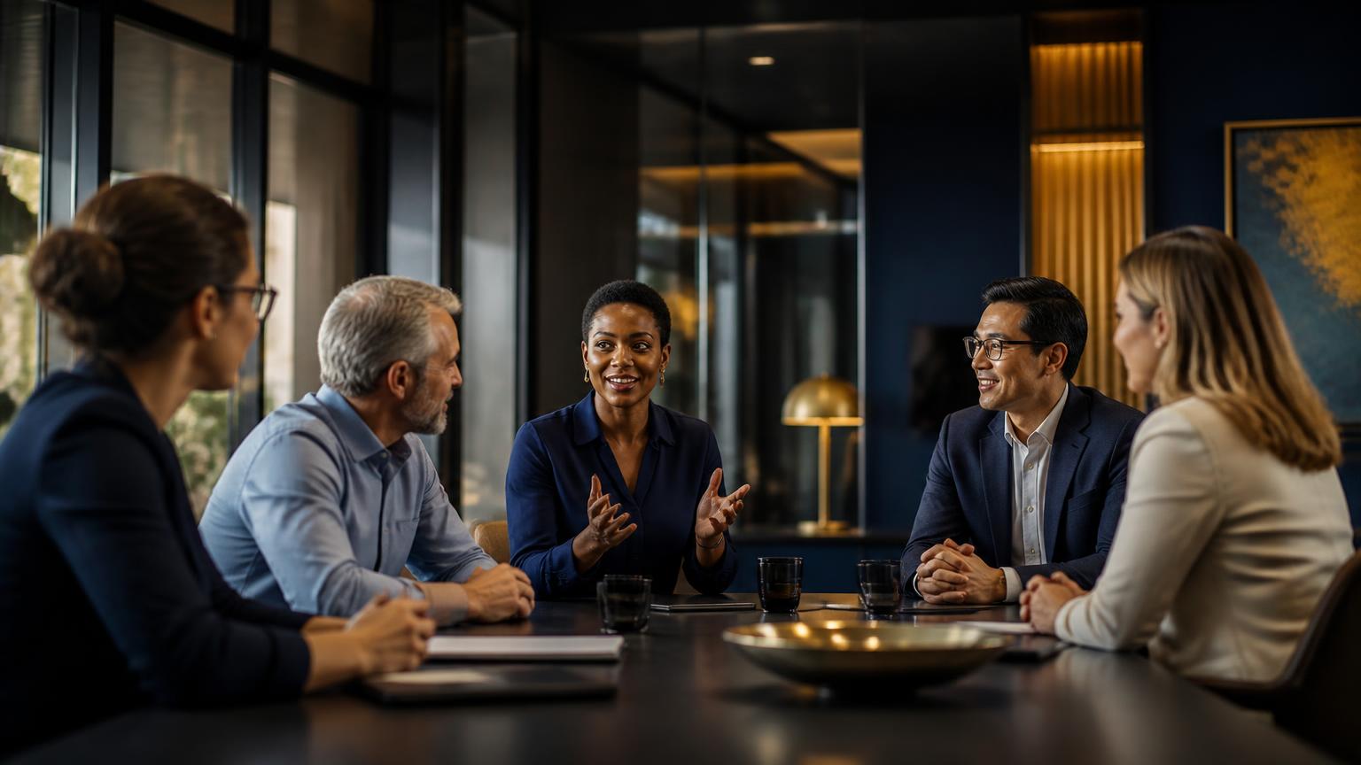 Diverse leadership team in a candid workplace conversation