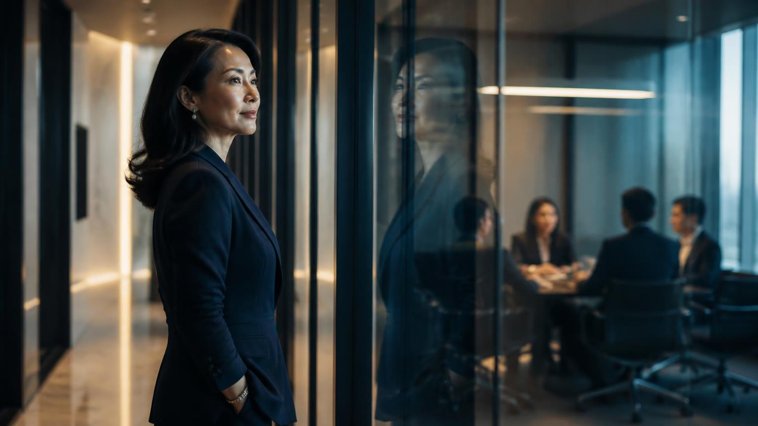 Executive pausing before entering a leadership meeting
