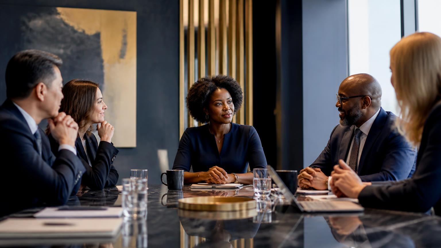 Diverse executives listening to a leader in a boardroom